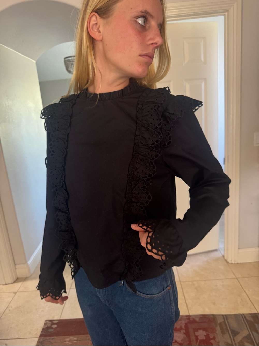 H&M Black Eyelet Ruffle-Trim Long Sleeve Blouse